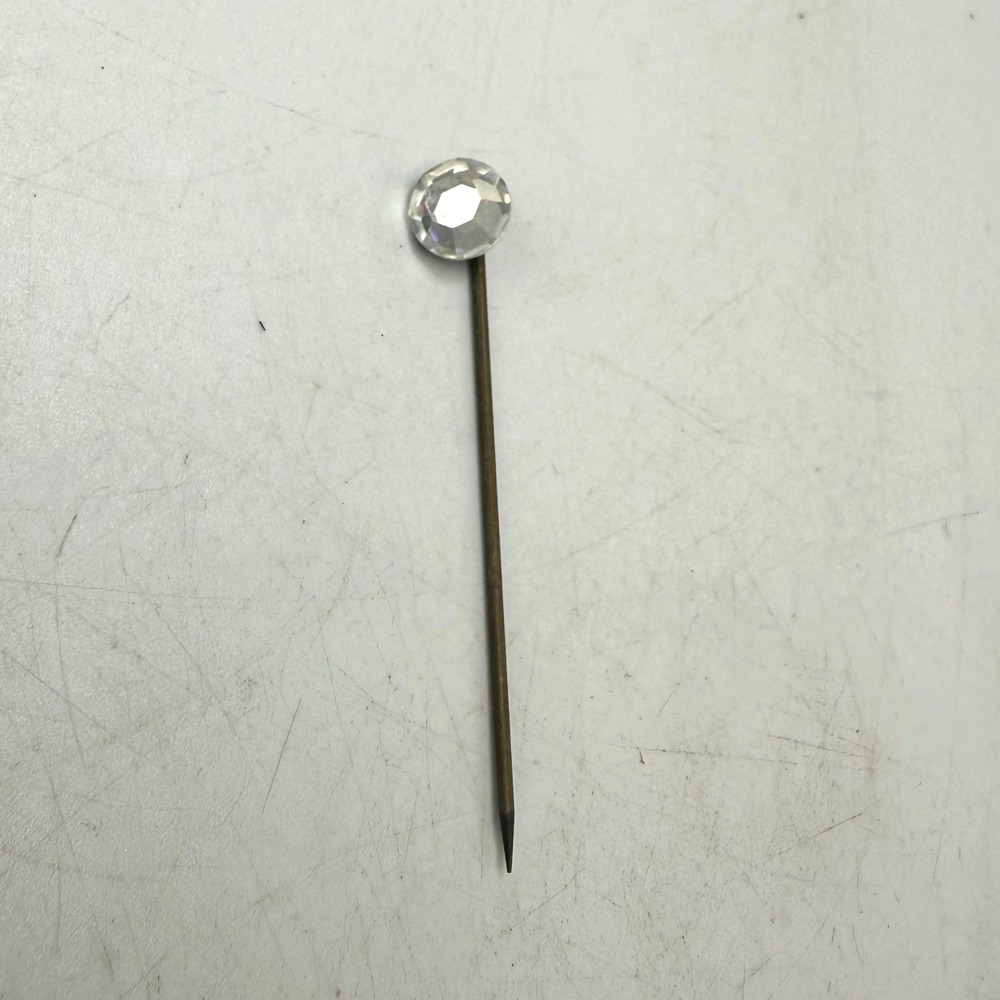 Vintage Rhinestone Stick Pin Round Faceted Clear Stone Dark Metal 2 Inch